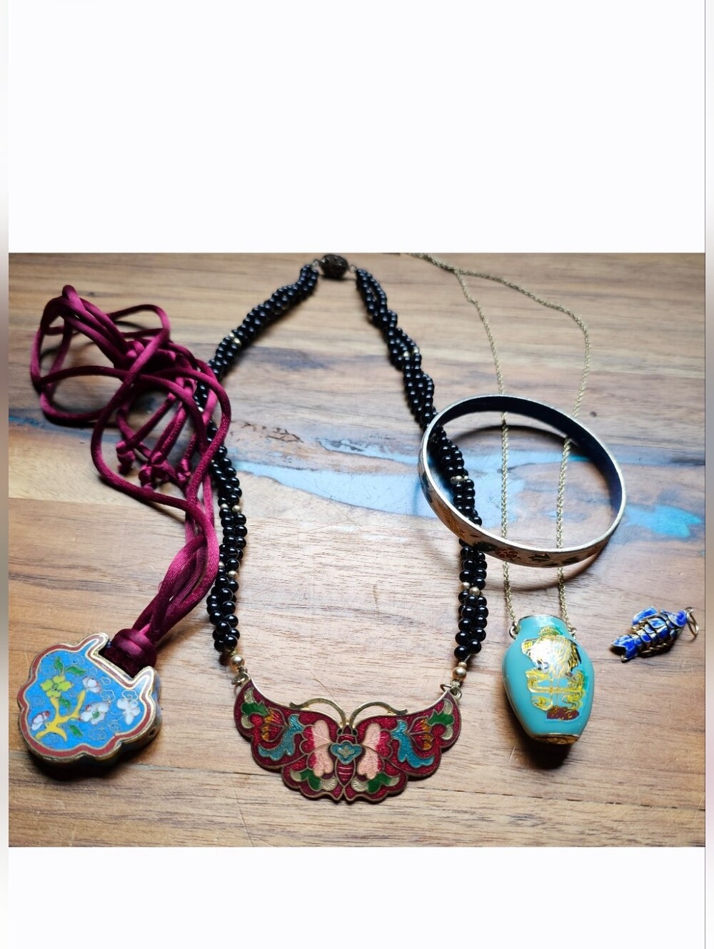 5 Piece Cloisonne Jewelry Lot Necklaces Articulated Fish Pendant Bracelet